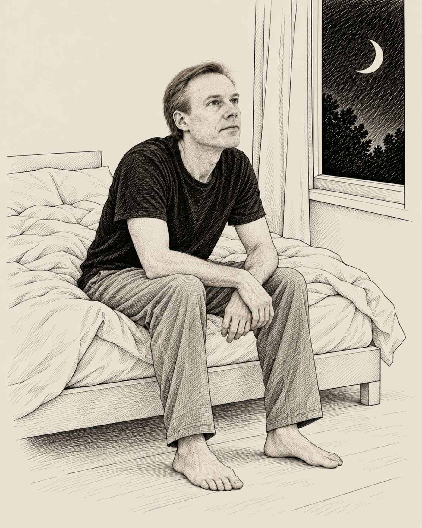 Illustration: Nils Behrens sitzt nachts auf der Bettkante, im Fenster der Mond