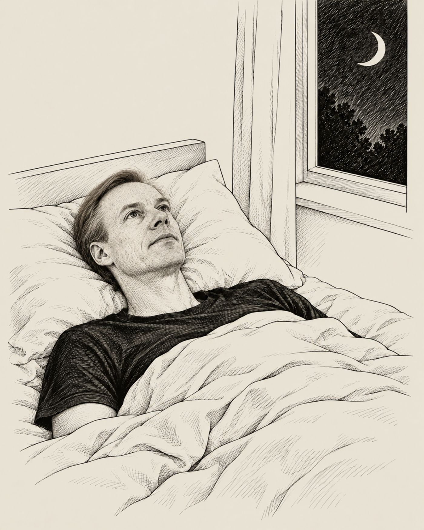 Illustration: Nils Behrens liegt nachts wach im Bett, im Fenster die Mondsichel