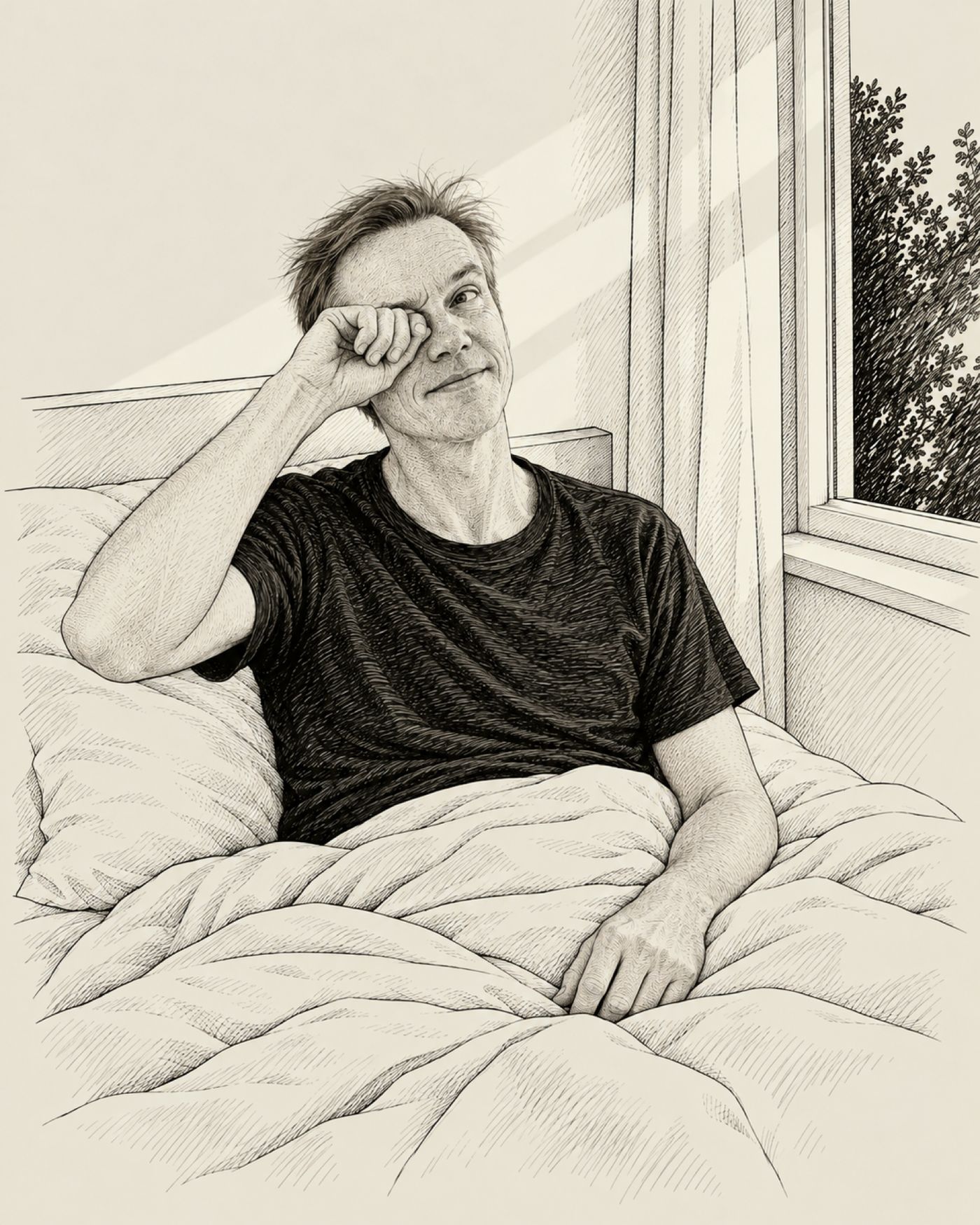 Illustration: Nils Behrens sitzt morgens im Bett und reibt sich die Augen