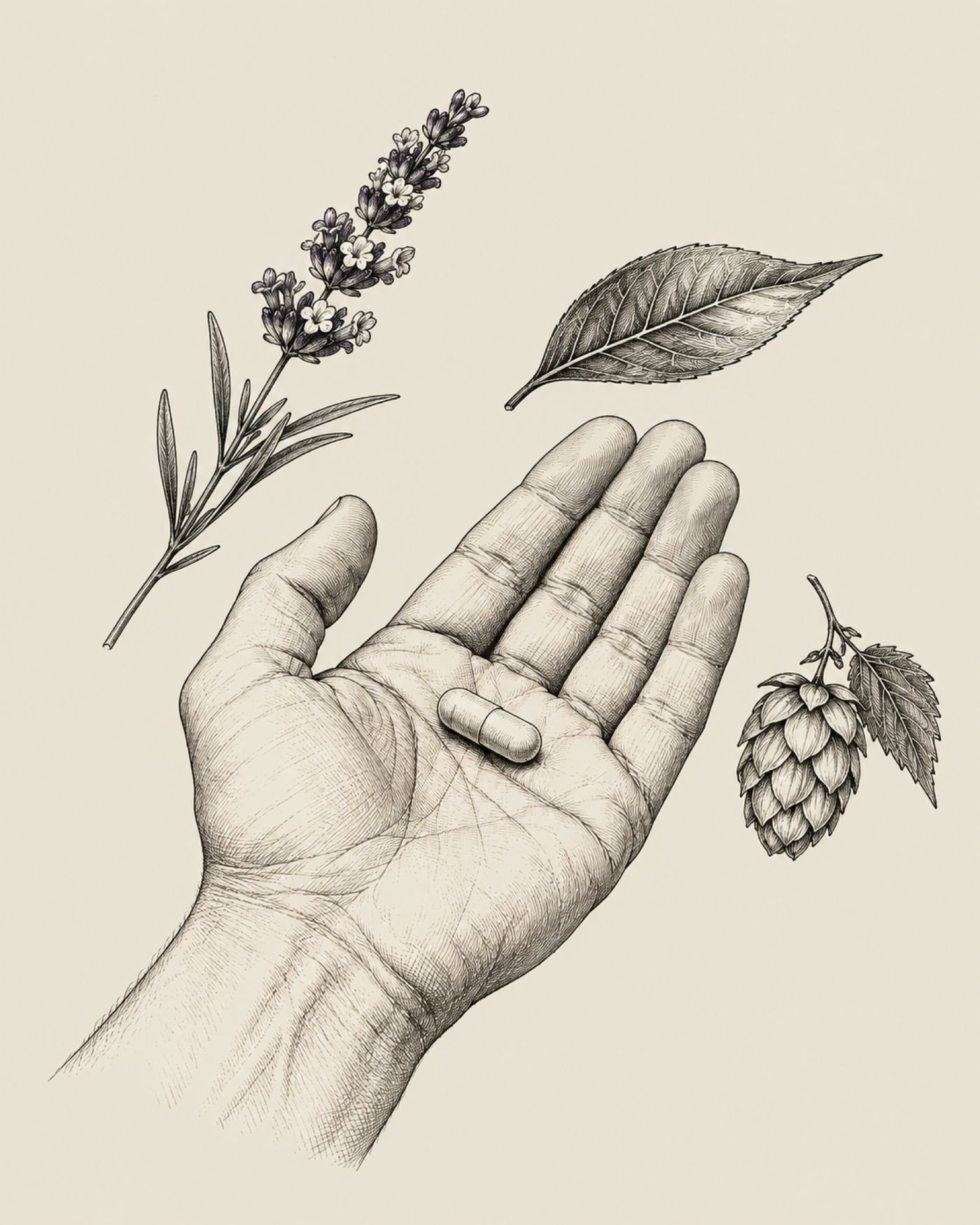 Illustration: offene Hand mit einer Kapsel, daneben Lavendel, ein Teeblatt und eine Hopfendolde